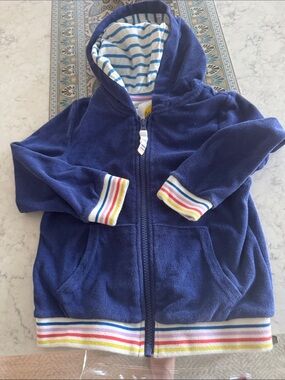 Mini Boden Navy Hooded Kids Swim Coverup with Rainbow Stripes